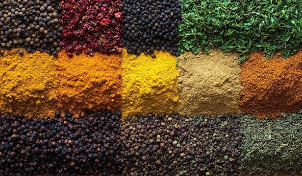 Colorful assortment of spices and herbs arranged in parallel lines on a wooden surface showcasing vibrant textures and hues