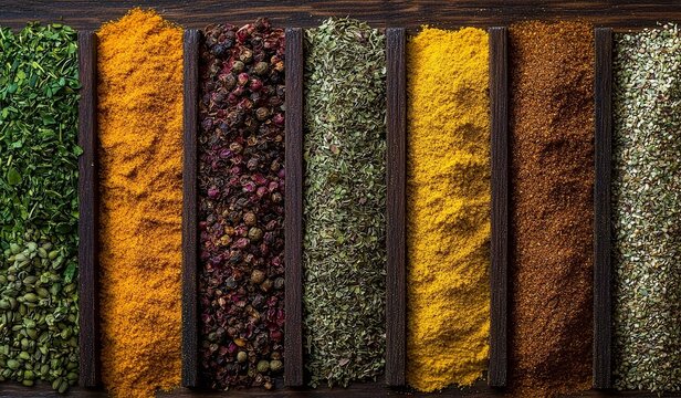 Colorful assortment of spices and herbs arranged in parallel lines on a wooden surface showcasing vibrant textures and hues