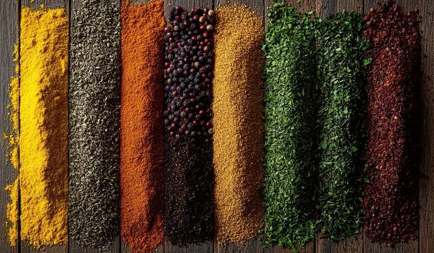 Colorful assortment of spices and herbs arranged in parallel lines on a wooden surface showcasing vibrant textures and hues
