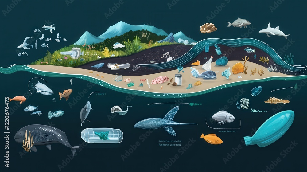 Poster conceptual diagram explaining the sources and pathways of microplastic pollution in rivers and ocean