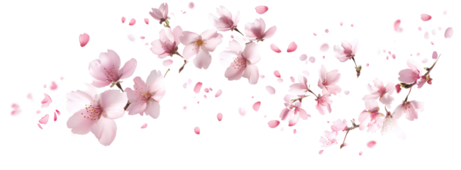 Pink cherry blossoms petals blowing in the air. Natural flow movement isolated on against transparent background.