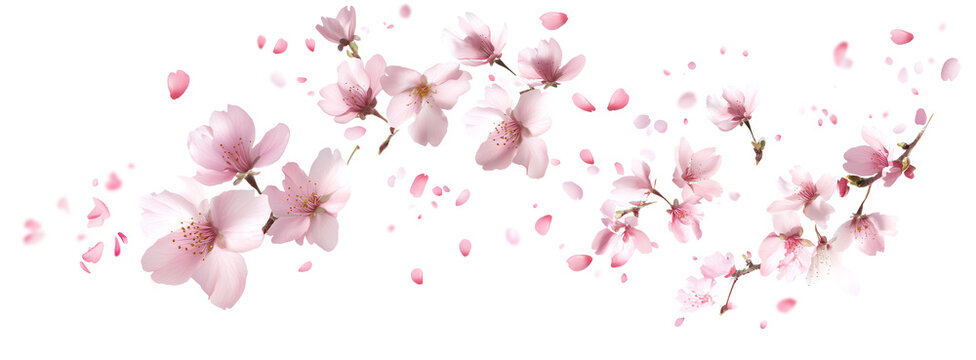 Pink cherry blossoms petals blowing in the air. Natural flow movement isolated on against transparent background. - Powered by Adobe