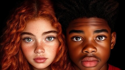A striking close-up portrait juxtaposes the faces of a young girl with vibrant red hair and freckles and a young boy with dark skin and dark hair, their gazes meeting directly.