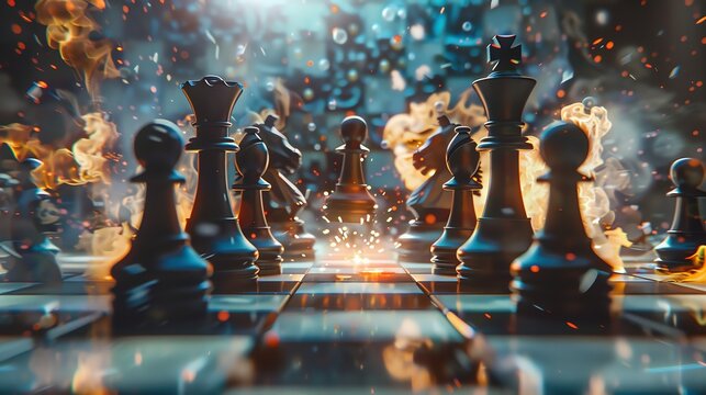 Black chess pieces are on fire on a chessboard. The concept of a competitive game, strategy, and risk.