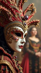 Elaborate venetian mask and costume at masquerade ball with elegantly dressed female in background
