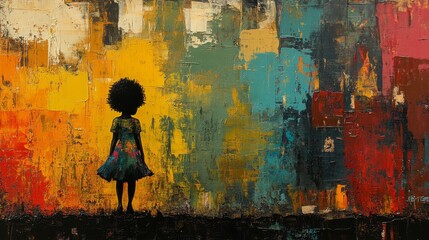Abstract painting of a young girl with afro standing against a vibrant textured wall