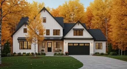 A picturesque two story farmhouse style home set against an autumn backdrop