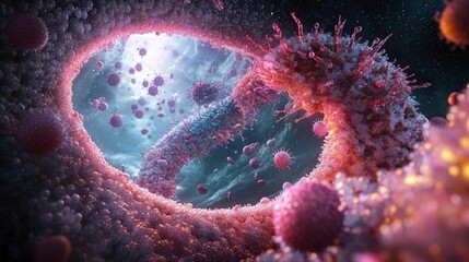pathogen entering the lungs and spreading through the alveoli, with the immune system working to neutralize it