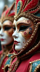 Fototapeta premium Intricate venetian masks with red and gold details at carnival event