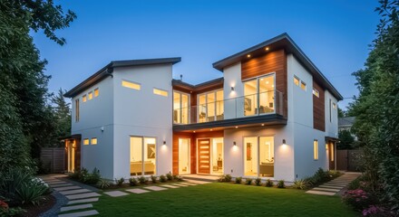 A sleek modern two story home surrounded by greenery and designed with sharp geometric lines