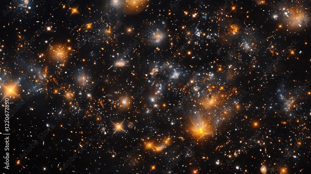 Poster cosmic scene where particles of matter form star-like clusters in a vast, infinite expanse.