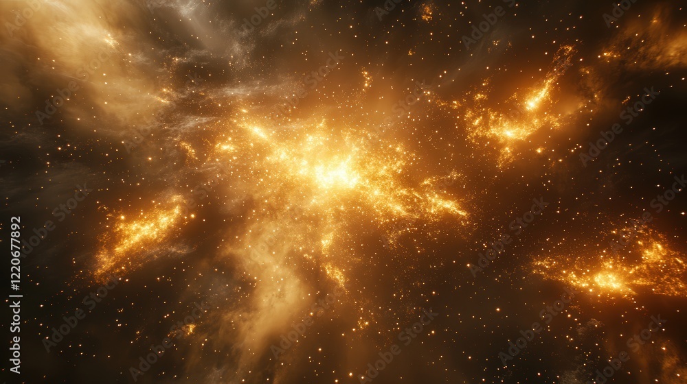Poster cosmic scene where particles of matter form star-like clusters in a vast, infinite expanse.
