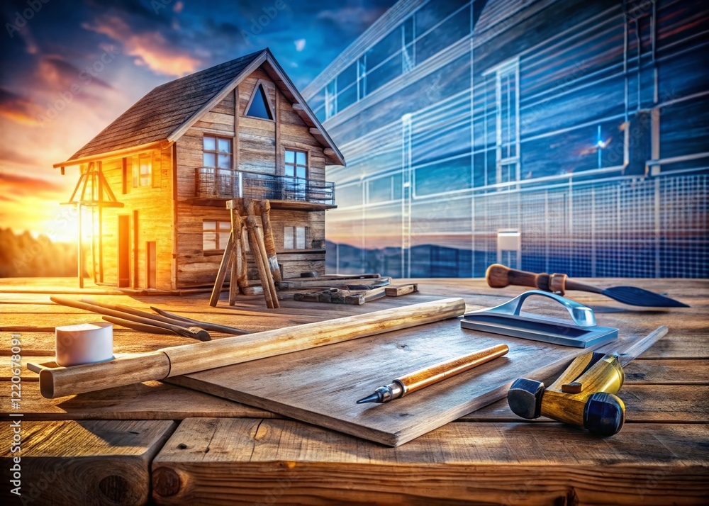 Poster double exposure: blueprint overlay on rustic workbench - architectural design concept