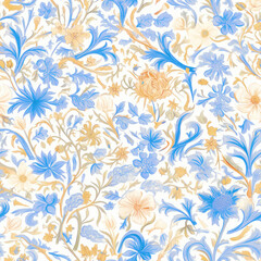 Blue and Yellow Floral Pattern: A delicate and intricate floral pattern in hues of blue and yellow. The design features a multitude of blossoms and stems intertwined.