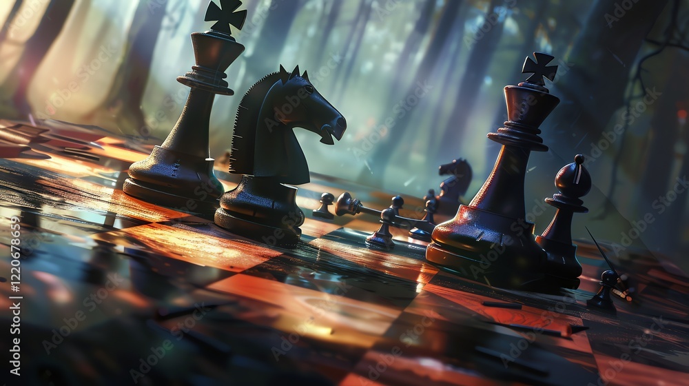 Poster 3d rendering of a chessboard in a surreal forest setting. dark chess pieces are placed on the board,