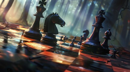 3D rendering of a chessboard in a surreal forest setting. Dark chess pieces are placed on the board, with a focus on the knight.