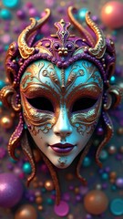 Intricate venetian mask with lavish colorful ornaments and golden details