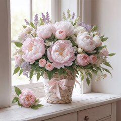 Soft Pink Peony Arrangement in Wicker Basket on White Windowsill with Copy Space