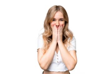 Young English woman over isolated background happy and smiling covering mouth with hands