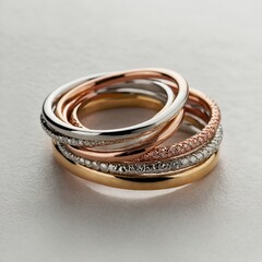 "A stack of mixed metal rings (gold, silver, and rose gold) arranged in a spiral on a pristine white surface."