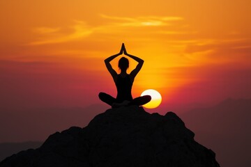 a person practicing yoga on a mountain peak during sunrise, balance and serenity,