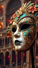 Fototapeta premium Elegant venetian mask with ornate gold details in grand hall setting