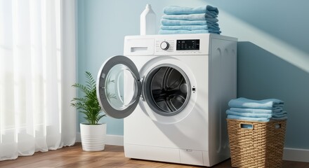 A bright and cozy laundry room featuring a modern white front loading washing machine with its door open