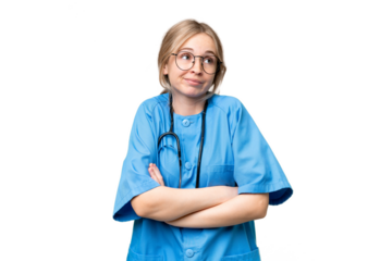 Young nurse English woman over isolated background making doubts gesture while lifting the shoulders