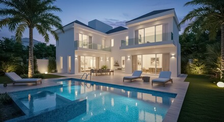 Fototapeta premium A luxurious modern villa with a large swimming pool in the backyard surrounded by a beautifully landscaped garden