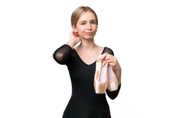 Young English woman practicing ballet over isolated background having doubts
