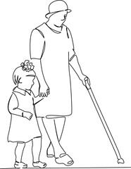 One continuous single drawing line art flat doodle grandmother, child, granddaughter, family, girl, female, adult, happiness. Isolated image hand draw contour on a white background, hand drawn, not AI