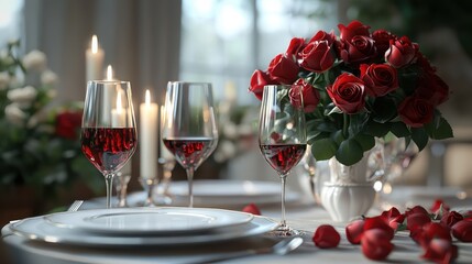Romantic valentine's day dinner setup with red roses and candlelit ambiance