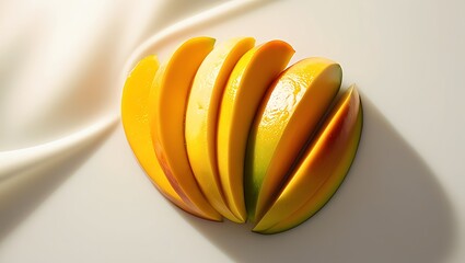 Close-up of ripe mango slices, freshly cut into thin, uniform pieces, showcasing their juicy, soft, and slightly grainy texture, as well as their vibrant, golden-orange hue with subtle yellow underton
