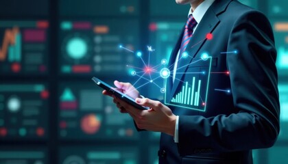 Create a futuristic 3D render of a businessperson holding a tablet displaying a customizable digital dashboard, with interconnected networks and data streams swirling around them.