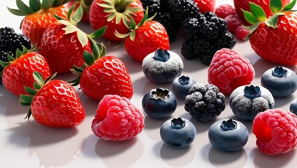 clean edges that make each berry appear as if it's jumping off the page, in a stunning display of colorful, gradient-like hues, ranging from deep crimson, to rich indigo, and radiant blue, with subtle