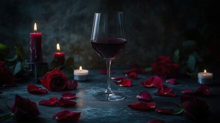 Valentine's Day romantic dinner concept glass of wine on the table with rose petals and candles