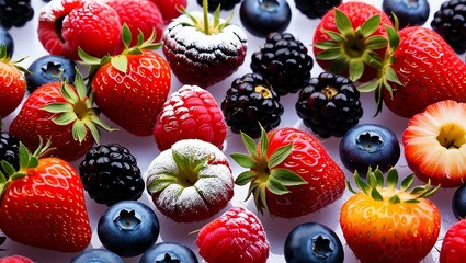 clean edges that make each berry appear as if it's jumping off the page, in a stunning display of colorful, gradient-like hues, ranging from deep crimson, to rich indigo, and radiant blue, with subtle