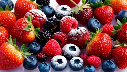 A vibrant and mouthwatering assortment of freshly picked, plump berries, featuring succulent strawberries with bright green leaves, luscious blackberries with slight powder coating, delicate raspberri
