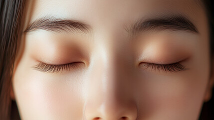 Obraz premium 目を閉じているアジア人女性モデルを正面から撮影。美肌とナチュラルメイクが魅力の美容ポートレート。