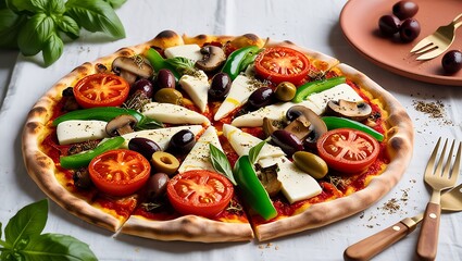 white gooey mozzarella, crunchy, emerald green bell peppers, and succulent, dark purple olives, all perfectly arranged on a warm, golden crust, with subtle hints of melted cheese and herbs,