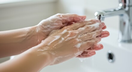 Fototapeta premium A close-up shot of hands lathered with foamy soap under bright soft lighting showcasing a clean white basin