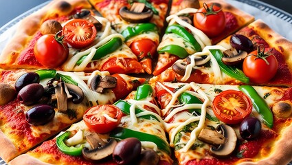 A mouthwatering close-up of a freshly baked vegetarian pizza, sliced into triangular pieces, featuring an array of vibrant toppings including plump, red tomatoes, earthy brown mushrooms, strings 