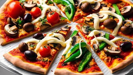 A mouthwatering close-up of a freshly baked vegetarian pizza, sliced into triangular pieces, featuring an array of vibrant toppings including plump, red tomatoes, earthy brown mushrooms, 