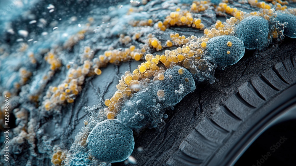 Poster process by which microplastics are generated from tires, showing how road wear and tear contributes 