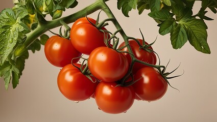 A lush, vibrant cluster of nine to eleven plump, ripe, and juicy tomatoes in various shades of red, from deep crimson to bright fire engine, with slight yellow and orange undertones, nestled among 