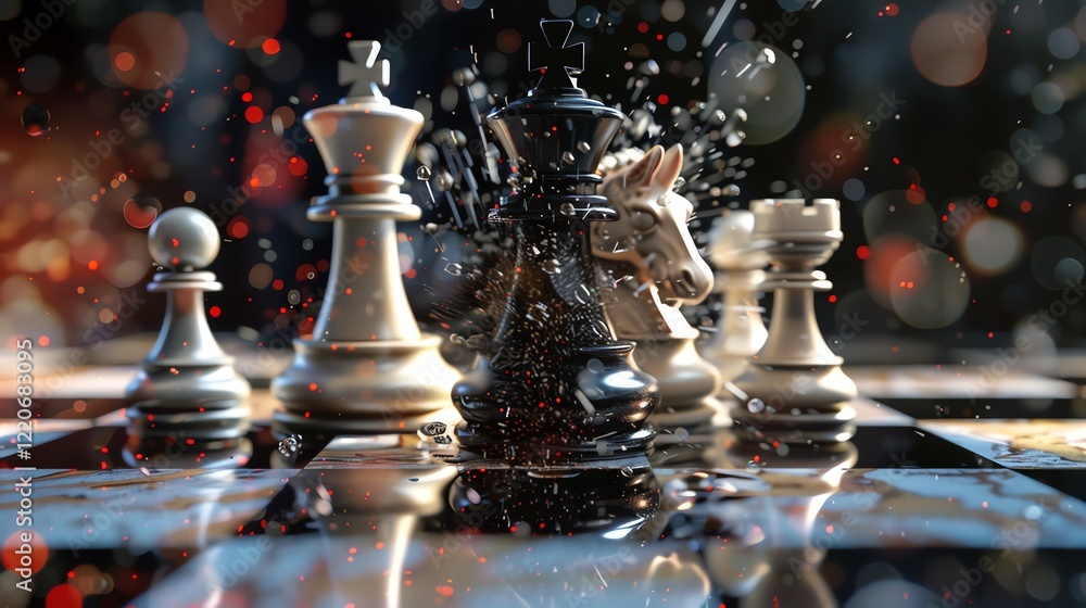 Poster shattered chess pieces lie on a reflective surface, frozen in the aftermath of an explosive battle.