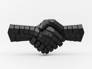 Dynamic Black Handshake Icon in Abstract Cinematic Composition | Ultra-Detailed Blocky Handshake Symbol Illustration on White Background