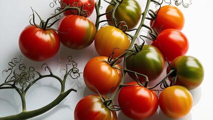 A lush, vibrant cluster of nine to eleven plump, ripe, and juicy tomatoes in various shades of red, from deep crimson to bright fire engine, with slight yellow and orange undertones, nestled among 