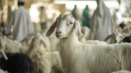 Obraz premium Goat in flock with people at market, for food
