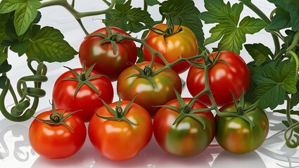 A vibrant cluster of seven to nine plump, ripe, juicy tomatoes in varying shades of red, from deep crimson to fire engine, with slight yellow and green undertones, nestled among lush, emerald green le